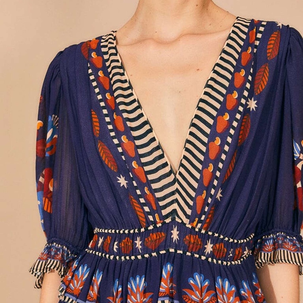 FARM Rio Navy Blue Maxi Dress with Orange & Light Blue Floral Print - Picture 2 of 16